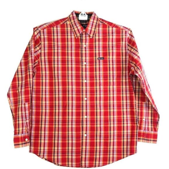 Chaps Button Up Shirt Size Medium Red Plaid Easy Care Long Sleeve Pockets - Picture 1 of 11
